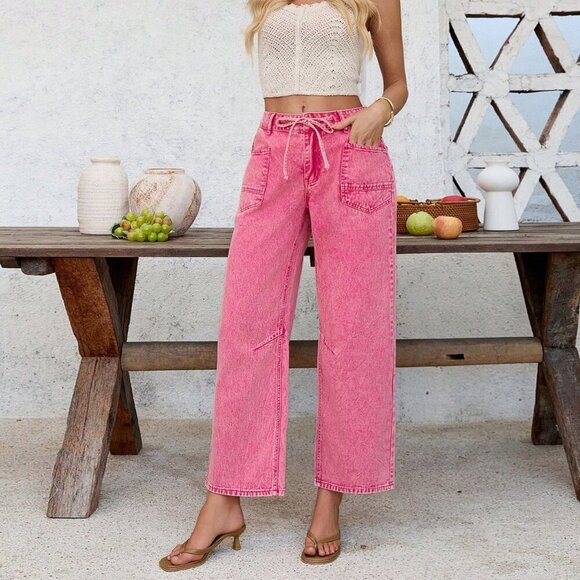 Pink Casual Women's Vacation Low Waist Low Rise Baggy Cropped Pants - Picture 1 of 7